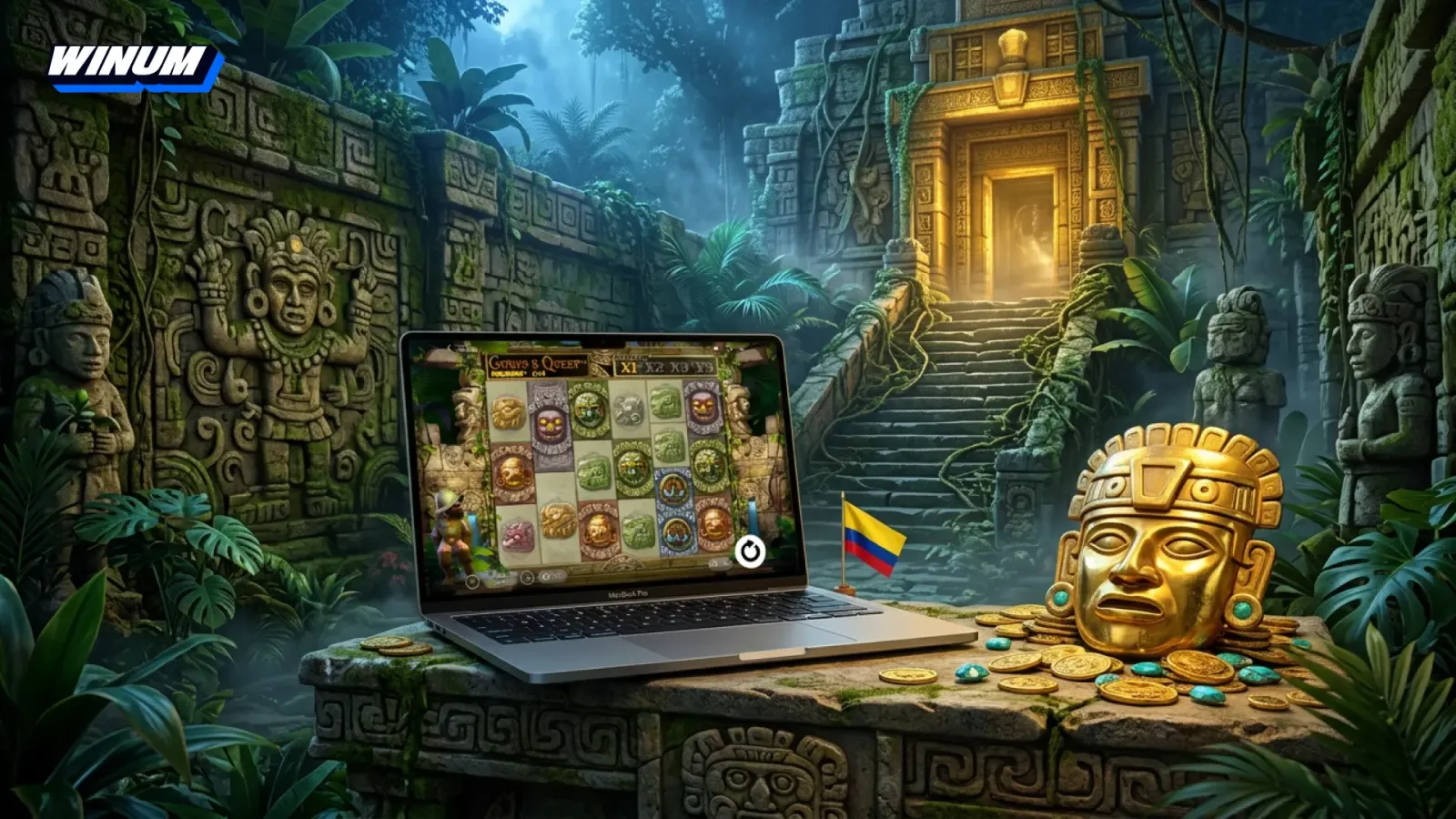 Gonzo's Quest en Winum Colombia: slot de NetEnt con Avalanche y x15
