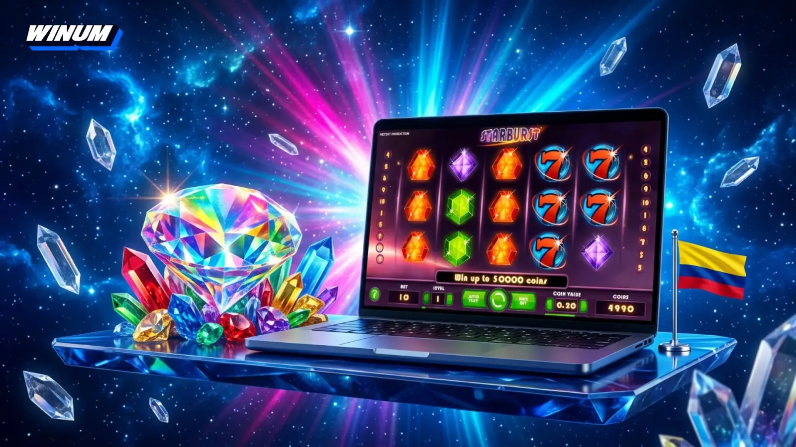 Starburst en Winum Colombia: slot clásico de NetEnt con Wild expansivo