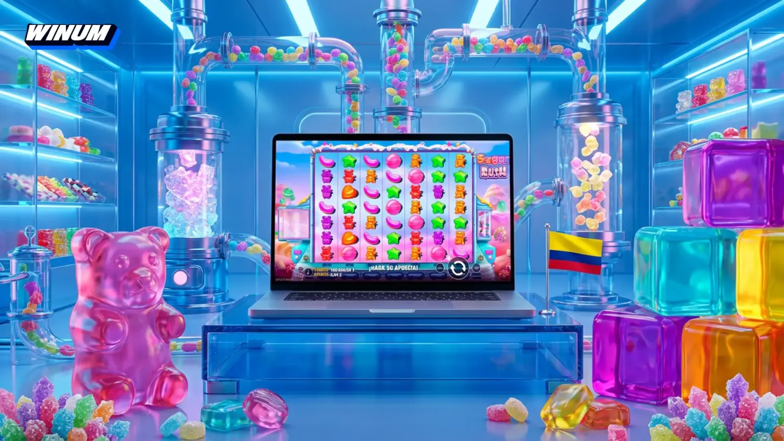 Sugar Rush en Winum Colombia: slot de clusters con casillas hasta x128